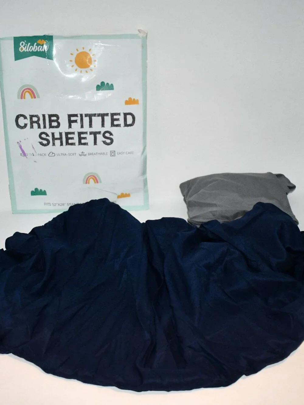 Biloban 2 Pack Fitted Crib Sheets, Grey & Navy, Standard Crib Mattress 52